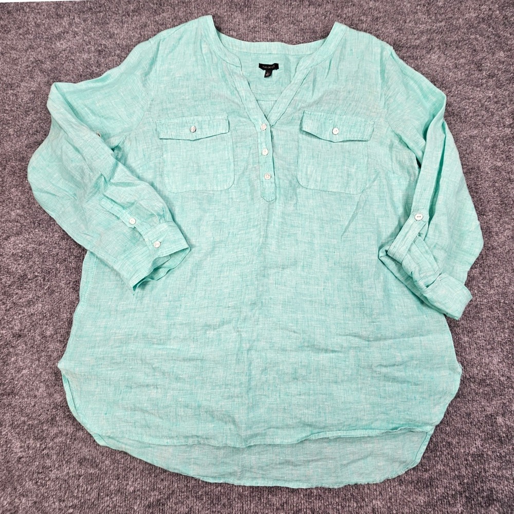 Talbots 100% Linen Henley Tunic Top Sz L Aqua Mint Green Roll Tab Sleeve Popover
